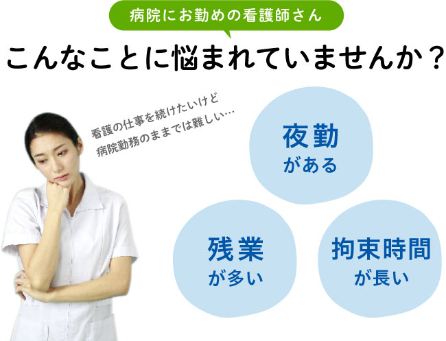 病院にお勤めの看護師さん こんなことに悩まれていませんか？ 夜勤がある 残業が多い 拘束時間が長い